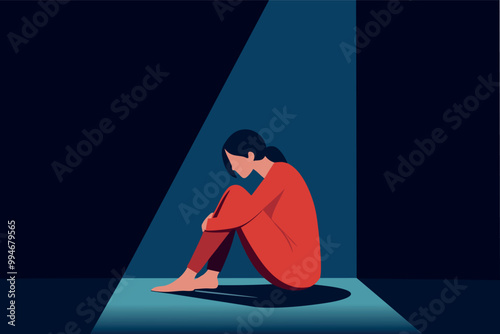 Woman in a deep depression sitting in the dark room. Mental health problems concept design