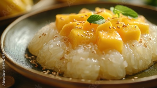 Macro shot highlighting the soft pillowy texture of a freshly steamed Lao khao niaow mamuang (sticky rice with mango) photo