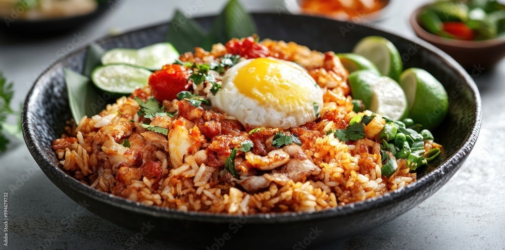A Bowl of Fried Rice with a Fried Egg, Tomato, Lime Wedges and Cilantro A Bowl of Fried Rice with a Fried Egg, Tomato, Lime Wedges and Cilantro