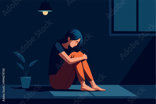 Woman in a deep depression sitting in the dark room. Mental health problems concept design