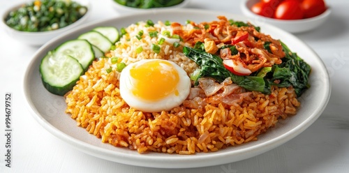 Plate of Fried Rice with Soft Boiled Egg, Cucumber, and Fried Onions