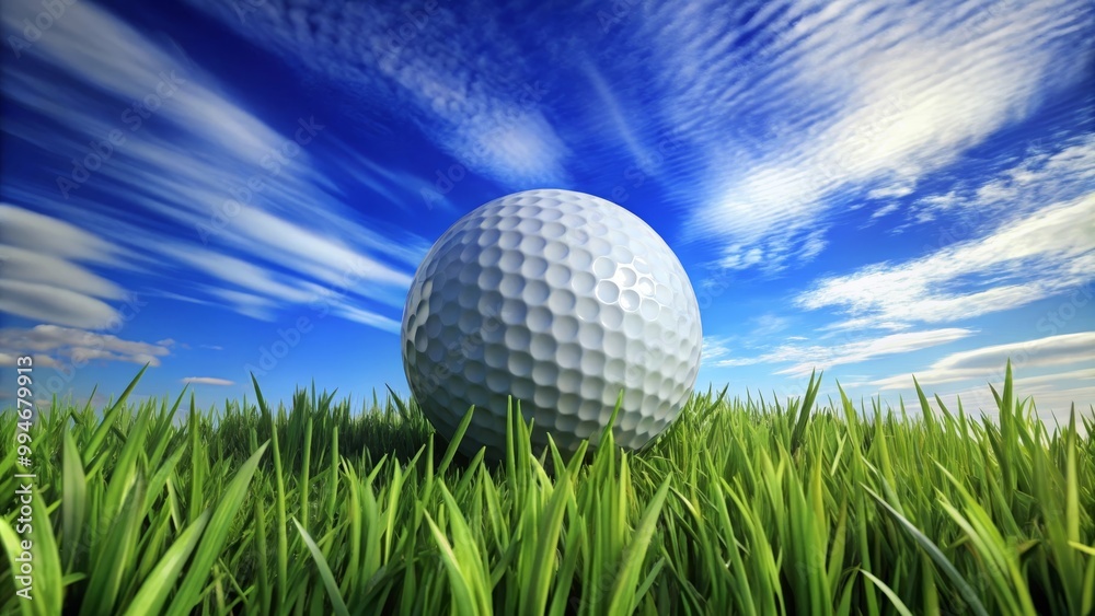 White golf ball sitting on lush green grass with a partly cloudy blue sky in the background White golf ball sitting on lush green grass with a partly cloudy blue sky in the background