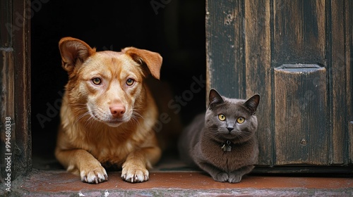 Lonely dog and aloof cat waiting by the door for their owner's return photo