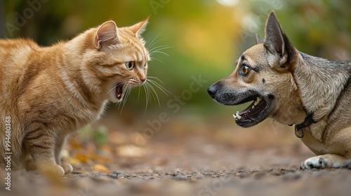 Brave cat hissing at a much larger cowering dog photo