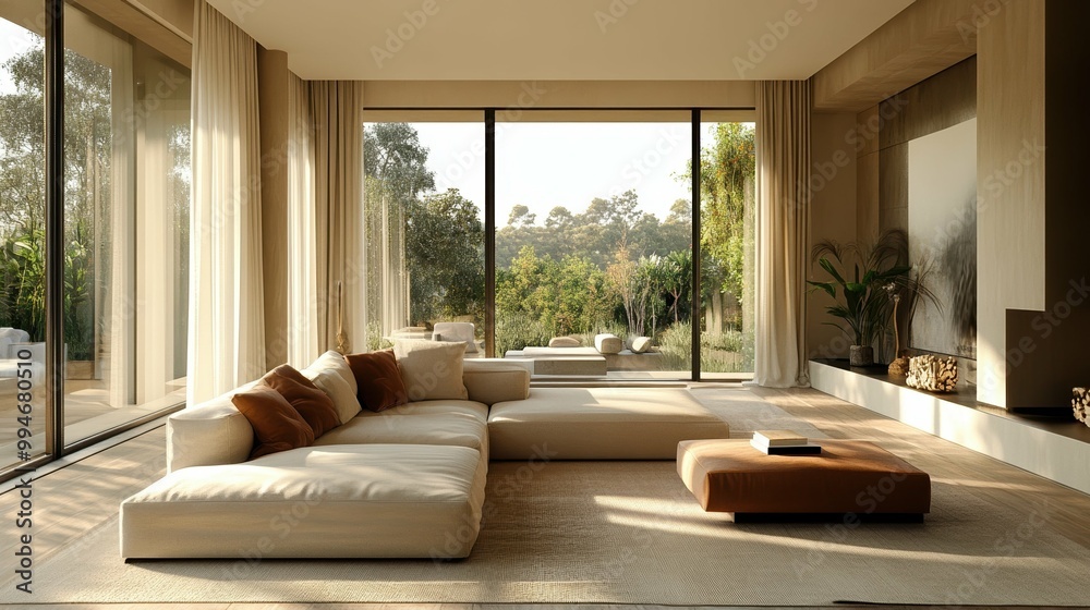 Neutral toned living room with floor to ceiling windows and linen curtains Neutral toned living room with floor to ceiling windows and linen curtains