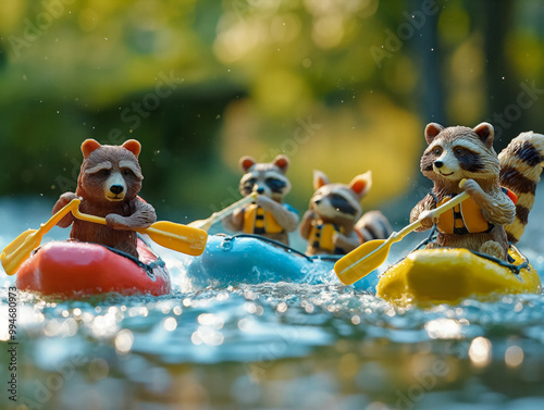 A group of raccoons are paddling a boat in the water. The scene is playful and lighthearted, with the raccoons having fun and enjoying their time on the water