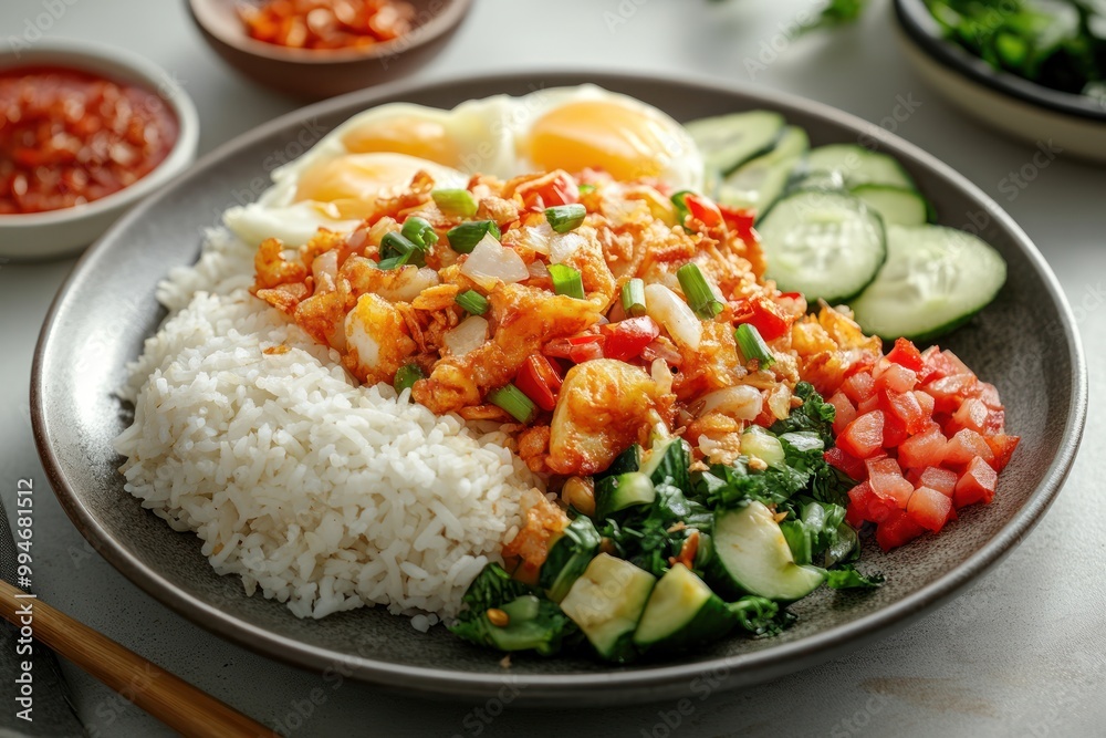 Stir-fried Seafood with White Rice and Cucumber Salad Stir-fried Seafood with White Rice and Cucumber Salad