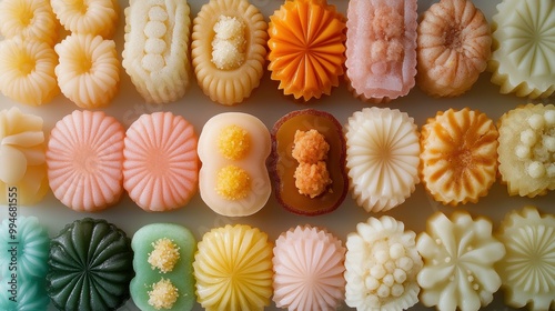 Delicate Thai Khanom Thuai Assortment in Pastel Hues - Overhead View of Layered Rice Flour Cakes