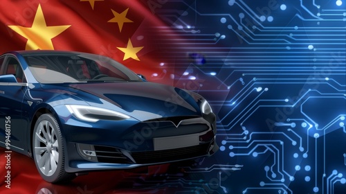 Modern electric car with Chinese flag and circuit background