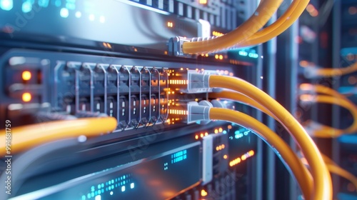 Network server with orange cables, modern technology setup.