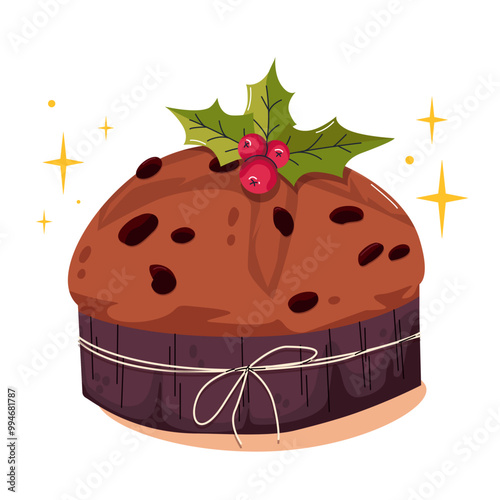 Italian panettone. Traditional Italian Christmas pastries. Christmas cake. National cuisine of world. Panettone sweet bread Merry Christmas holiday. Vector for stickers, ad, patterns, greeting card