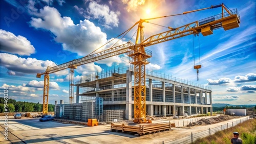 Construction site with several cranes working on a new office building under a blue sky