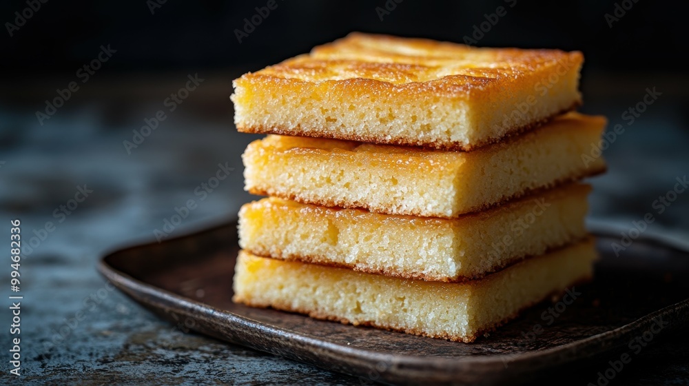Side profile of a stack of traditional Burmese sanwin makin (semolina cake) slices, showcasing their dense fudgy texture Side profile of a stack of traditional Burmese sanwin makin (semolina cake) slices, showcasing their dense fudgy texture