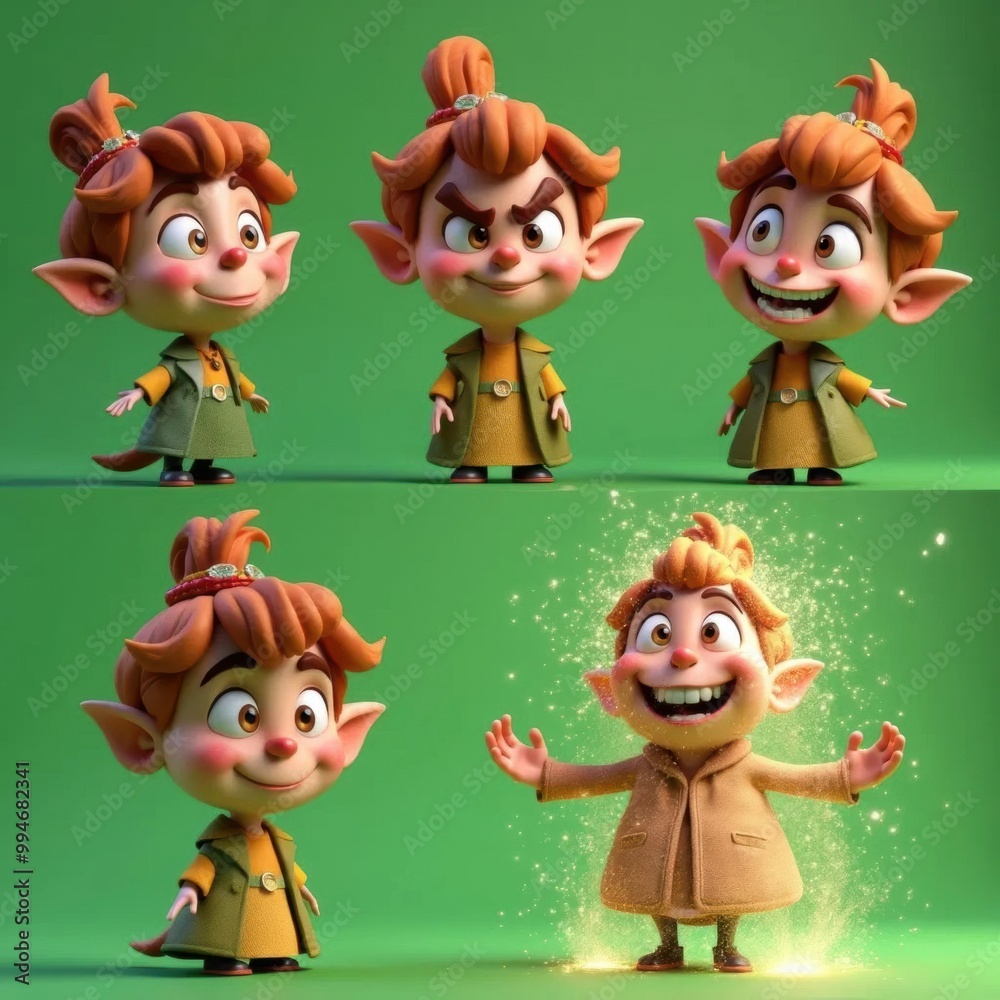 Fototapeta premium A set of 3D animated fairy tale character expressions against a green backdrop.