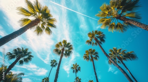 Beverly Hills: palm trees sway, blue skies shine, and a plane glides, capturing SoCal's charm.