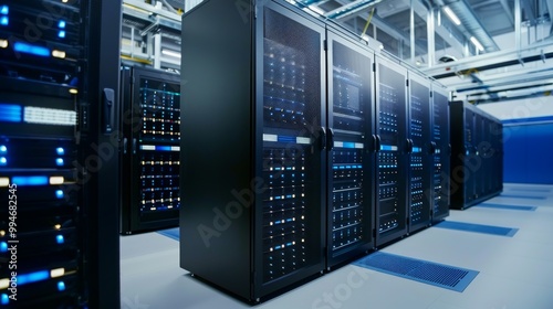 Server room with multiple racks and illuminated equipment.