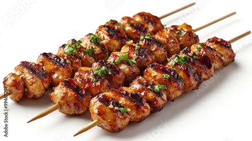 Three Skewers of Grilled Chicken with Glaze and Greenery