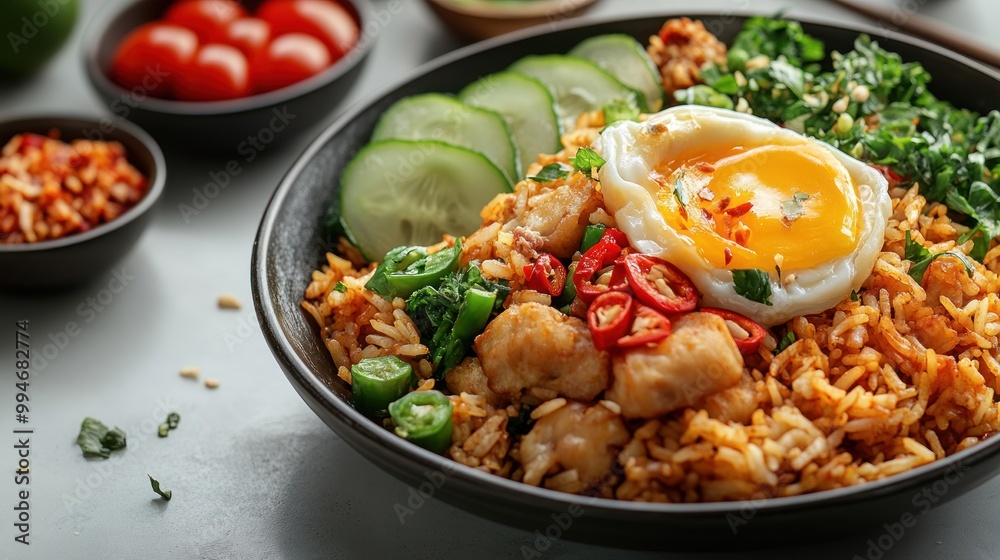 Fried Rice with Egg, Cucumber, and Chili Peppers in a Black Bowl Fried Rice with Egg, Cucumber, and Chili Peppers in a Black Bowl