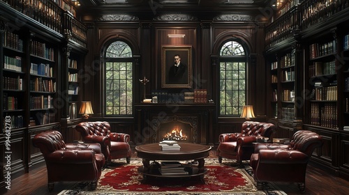 Elegant Victorian Inspired Library with Dark Wood and Leather Armchairs