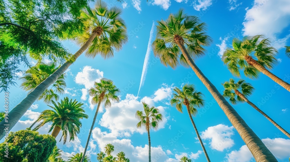 Tall palm trees sway in a warm breeze under a blue sky in Beverly Hills, capturing Southern California's charm.