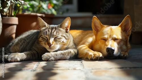 Relaxed cat and dog sunbathing together on a warm patio photo