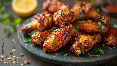 Spicy fried chicken wings on a platter, captured using an ultra HD camera with a ring light for even illumination
