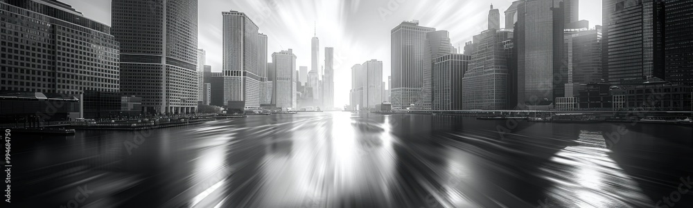 Fototapeta premium Buildings are reflected in the water of a river in a city, banner