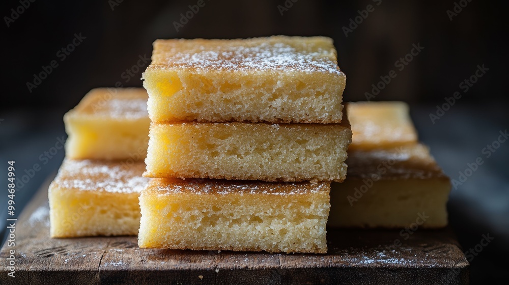 Side profile of a stack of traditional Burmese sanwin makin (semolina cake) slices, showcasing their dense fudgy texture Side profile of a stack of traditional Burmese sanwin makin (semolina cake) slices, showcasing their dense fudgy texture