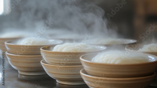 Side profile of a stack of traditional Burmese ohn no khaut swe (coconut noodle soup) dessert bowls, steam rising photo