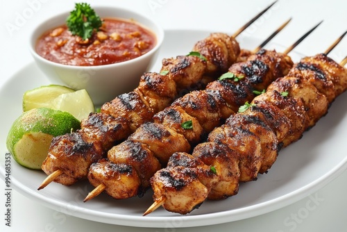 Grilled Chicken Skewers with Spicy Sauce and Lime Wedges