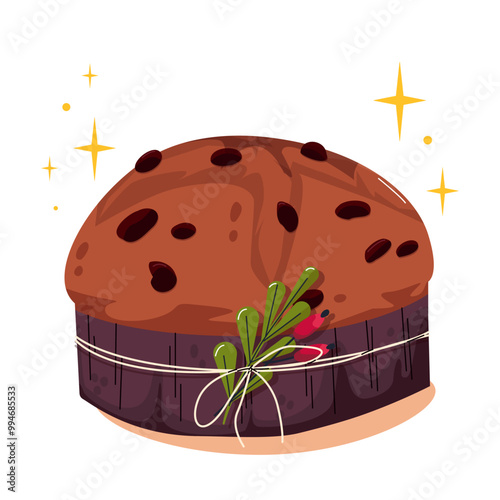 Traditional Italian Christmas pastries. Italian panettone. Christmas cake. National cuisine of world. Panettone sweet bread Merry Christmas holiday. Vector for stickers, ad, patterns, greeting card