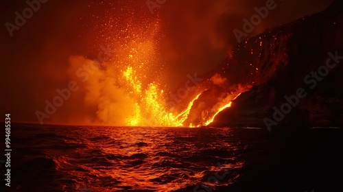 Strombolian eruption at night, ejecting lava bombs over a phosphorescent sea photo