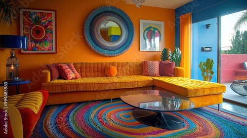 Retro 70s inspired den with bold colors and funky furniture photo