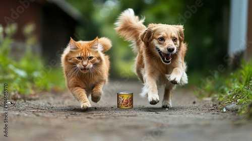 Competitive cat and dog racing to an open can of food