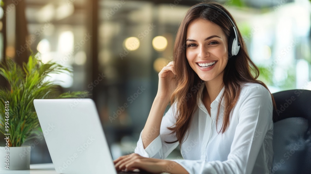 Smiling Woman Working on Laptop Smiling Woman Working on Laptop