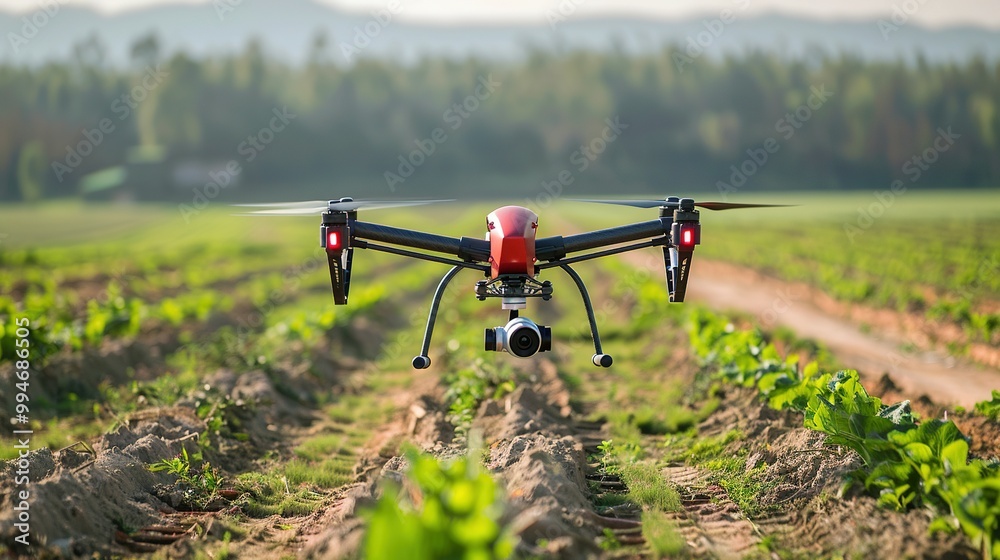 Red and Black Drone Flying Over a Field of Green Crops Red and Black Drone Flying Over a Field of Green Crops