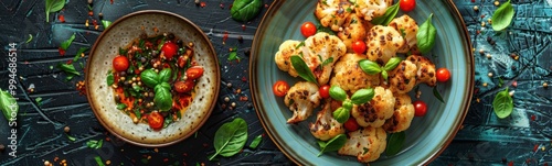 Plates of food that include cauliflower and tomatoes, food background, banner photo