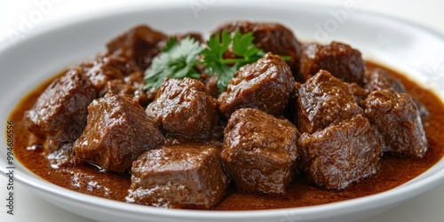 Close-up of Braised Beef Cubes in a Rich Brown Sauce with Parsley Garnish