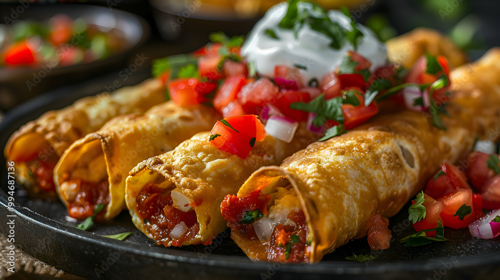 Taquitos served with salsa and sour cream, captured using an ultra HD camera with a ring light for even illumination Taquitos served with salsa and sour cream, captured using an ultra HD camera with a ring light for even illumination