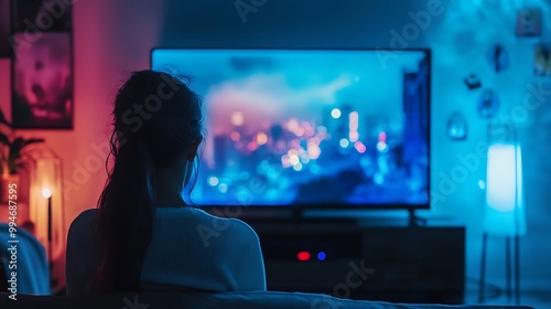 Woman Watching Cityscape on TV in a Dark Room