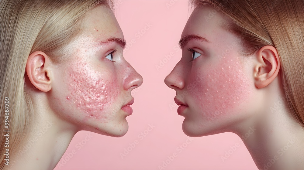 Side-by-side comparison of a person's face at day 1 and day 30, highlighting the impact of healthier food choices on acne reduction and clearer skin Side-by-side comparison of a person's face at day 1 and day 30, highlighting the impact of healthier food choices on acne reduction and clearer skin