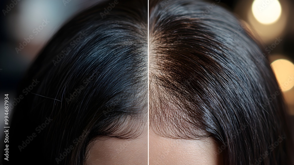 Before-and-after image of hair loss treatment, showing thinning scalp versus restored hair density, close-up view, Realistic, Soft Lighting Before-and-after image of hair loss treatment, showing thinning scalp versus restored hair density, close-up view, Realistic, Soft Lighting