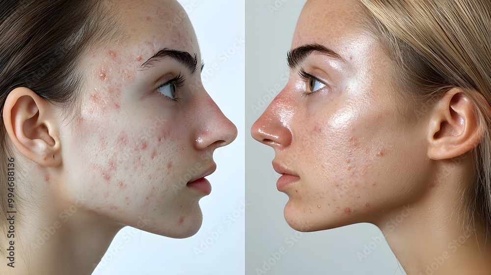 Acne treatment result comparison side-by-side progression from severe acne to a clear, even skin tone, photographed in a medical clinic setting Acne treatment result comparison side-by-side progression from severe acne to a clear, even skin tone, photographed in a medical clinic setting