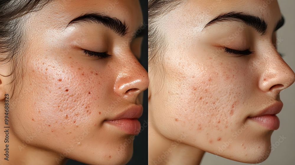 Obraz premium Before-and-after acne treatment, highlighting pore reduction, smooth skin, and removal of acne scars, Photorealistic, High Detail, Bright Lighting