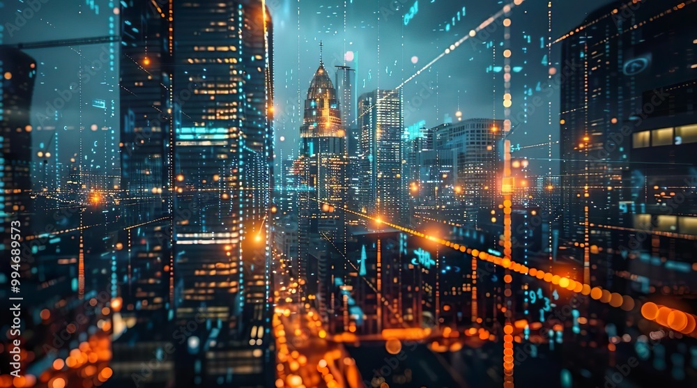 Fototapeta premium Futuristic Cityscape at Night with Digital Bokeh