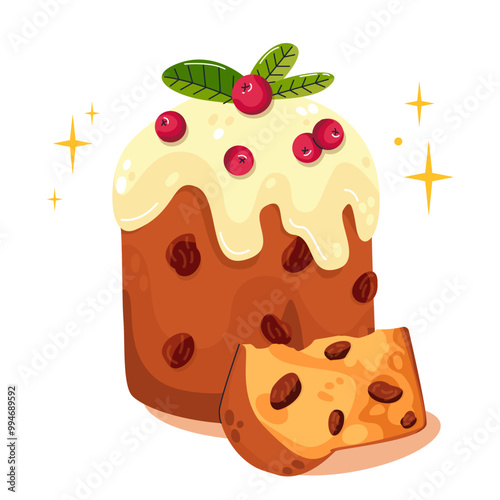 Italian panettone. Traditional Italian Christmas pastries. Christmas cake. National cuisine of world. Panettone sweet bread Merry Christmas holiday. Vector for stickers, ad, patterns, greeting card