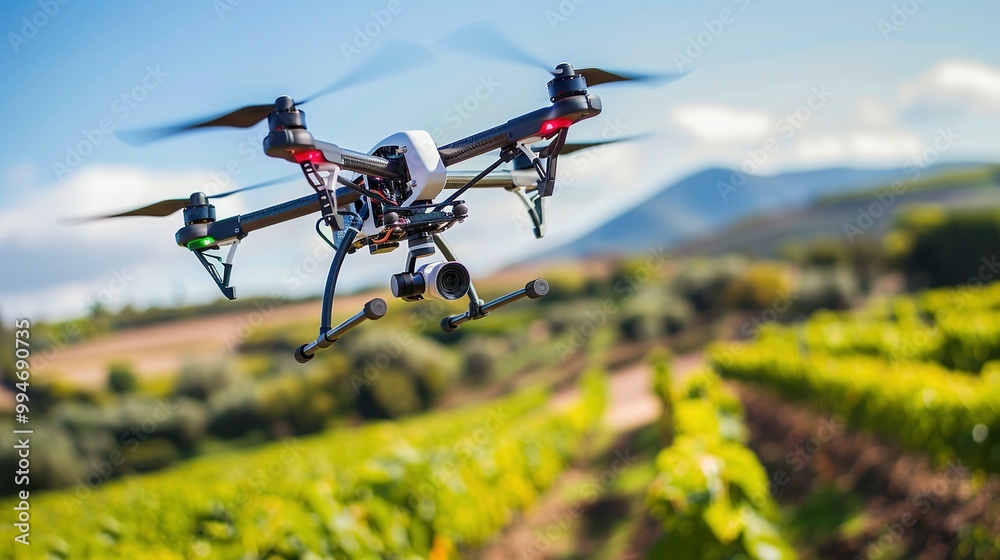 Drone Flying Over a Vineyard with a Clear Blue Sky Drone Flying Over a Vineyard with a Clear Blue Sky