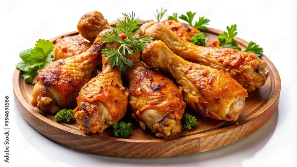 Appetizing roasted chicken drumsticks seasoned with spices and garnished with fresh parsley lying on a wooden plate Appetizing roasted chicken drumsticks seasoned with spices and garnished with fresh parsley lying on a wooden plate