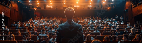 Someone standing in front of a large audience in a theatre, banner, copy space photo