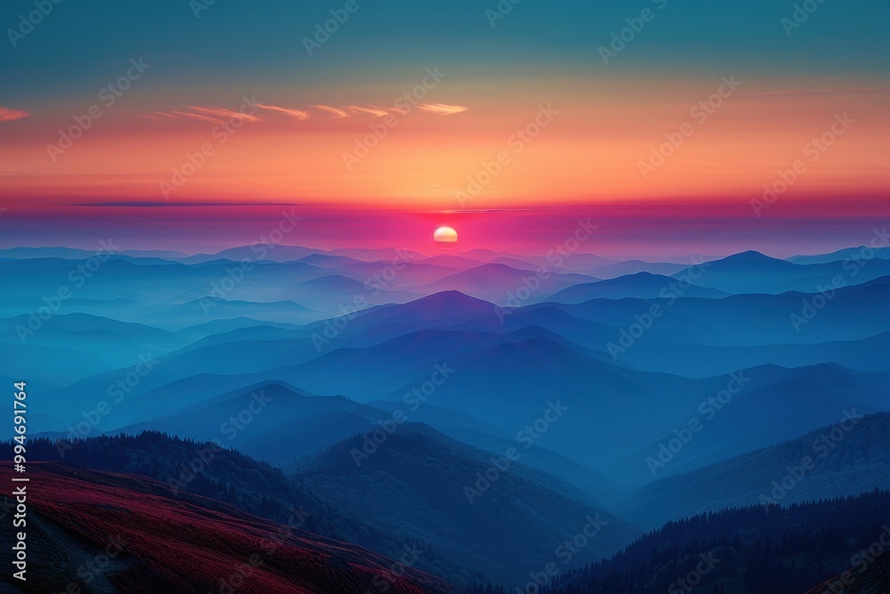 Fototapeta premium Mountains are covered in a colorful sunset with a red sun, travel concept, copy space